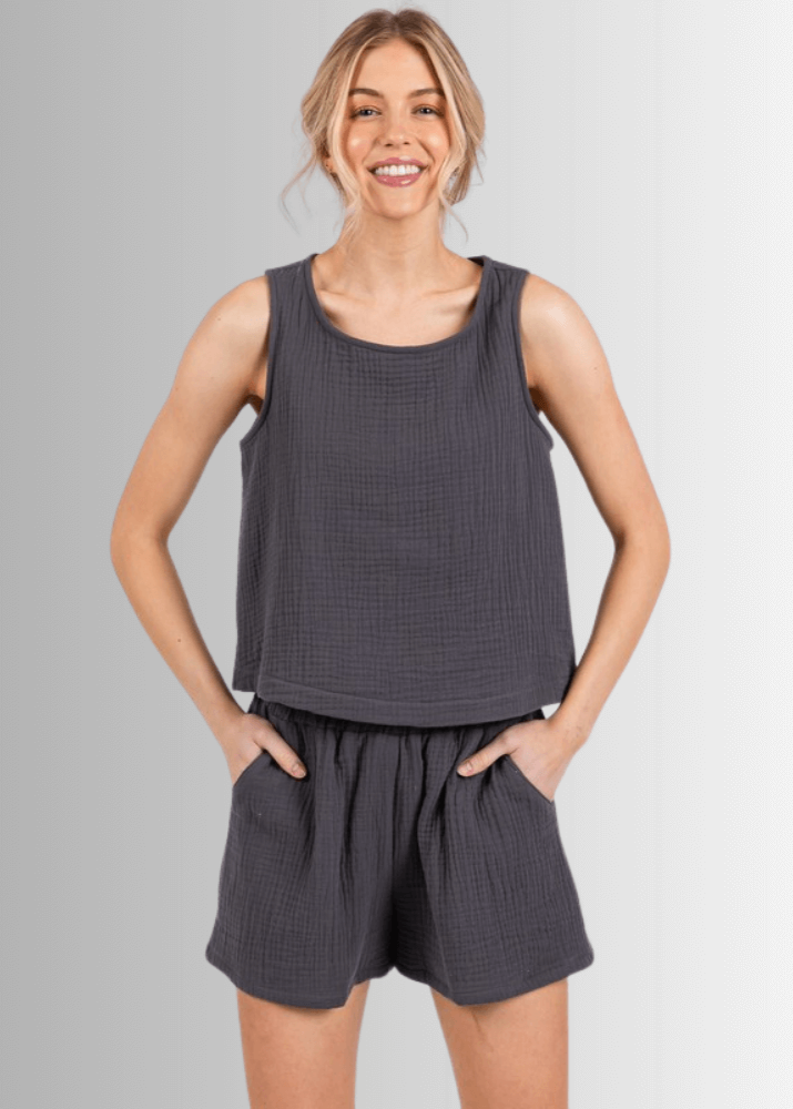 Made in USA Women's Premium Triple Layer Cotton Gauze Relaxed Fit Shorts and Tank Top, Elastic Waist, Ultra Soft, Ruffled Top, Side Pockets Relaxed Fit | Classy Cozy Cool Made in America Boutique