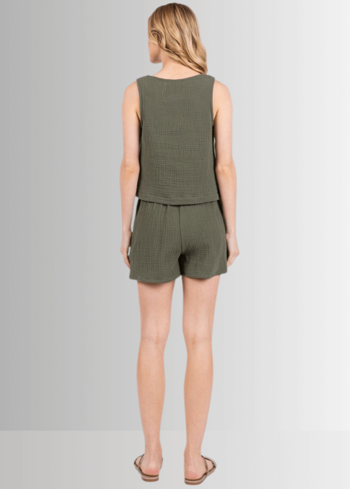 Made in USA Women's Premium Triple Layer Cotton Gauze Relaxed Fit Shorts and Tank Top, Elastic Waist, Ultra Soft, Ruffled Top, Side Pockets Relaxed Fit | Classy Cozy Cool Made in America Boutique