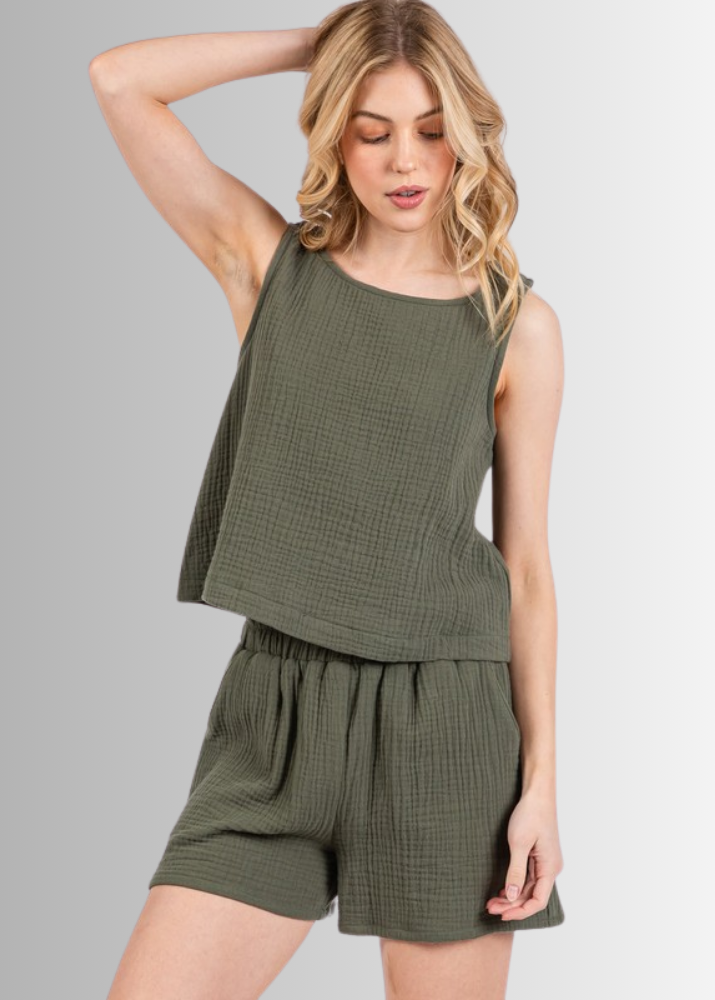 Made in USA Women's Premium Triple Layer Cotton Gauze Relaxed Fit Shorts and Tank Top, Elastic Waist, Ultra Soft, Ruffled Top, Side Pockets Relaxed Fit | Classy Cozy Cool Made in America Boutique