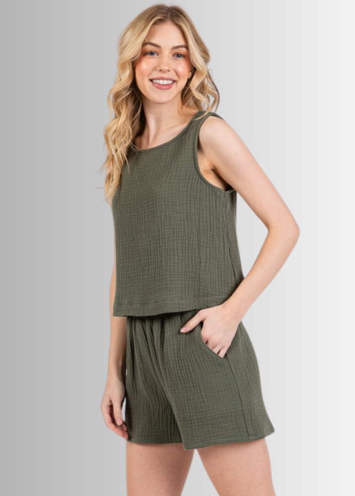 Made in USA Women's Premium Triple Layer Cotton Gauze Relaxed Fit Shorts and Tank Top, Elastic Waist, Ultra Soft, Ruffled Top, Side Pockets Relaxed Fit | Classy Cozy Cool Made in America Boutique