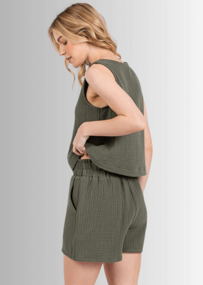 Made in USA Women's Premium Triple Layer Cotton Gauze Relaxed Fit Shorts and Tank Top, Elastic Waist, Ultra Soft, Ruffled Top, Side Pockets Relaxed Fit | Classy Cozy Cool Made in America Boutique