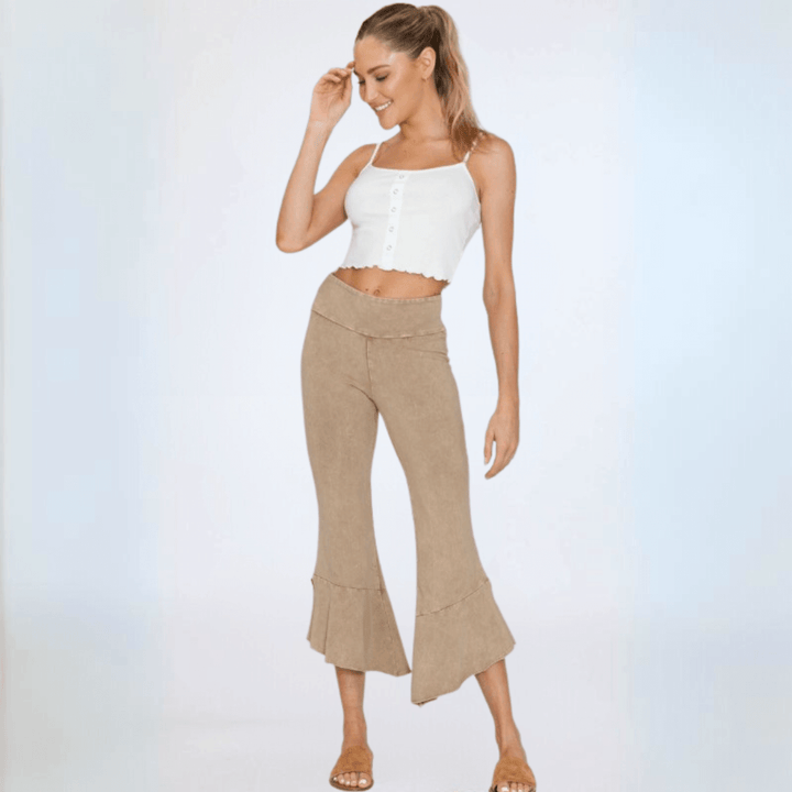 Women's Tulip Hem Capri Pants Made with American Grown Cotton Mid-Rise Raw Edge Hem Fitted in Mineral Washed Beige | Classy Cozy Cool Style C30723