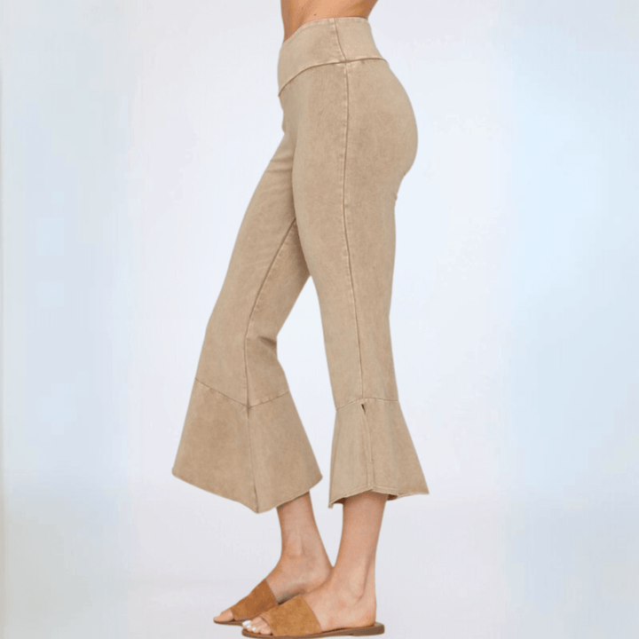 Women's Tulip Hem Capri Pants Made with American Grown Cotton Mid-Rise Raw Edge Hem Fitted in Mineral Washed Beige | Classy Cozy Cool Style C30723