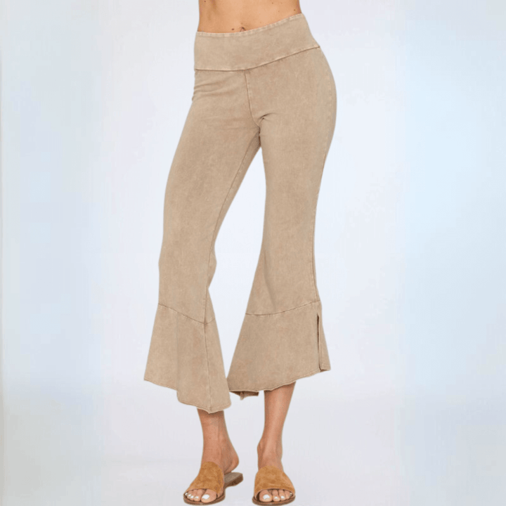 Women's Tulip Hem Capri Pants Made with American Grown Cotton Mid-Rise Raw Edge Hem Fitted in Mineral Washed Beige | Classy Cozy Cool Style C30723