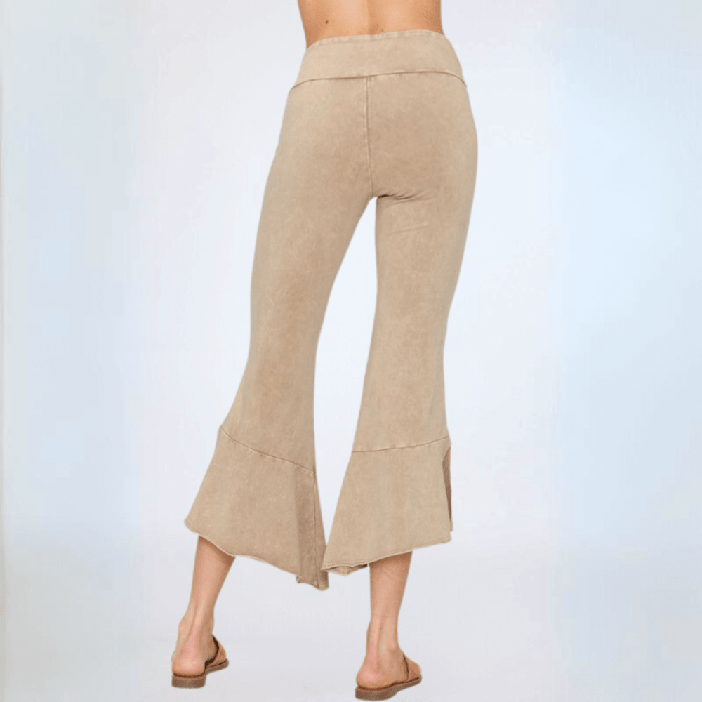 Women's Tulip Hem Capri Pants Made with American Grown Cotton Mid-Rise Raw Edge Hem Fitted in Mineral Washed Beige | Classy Cozy Cool Style C30723