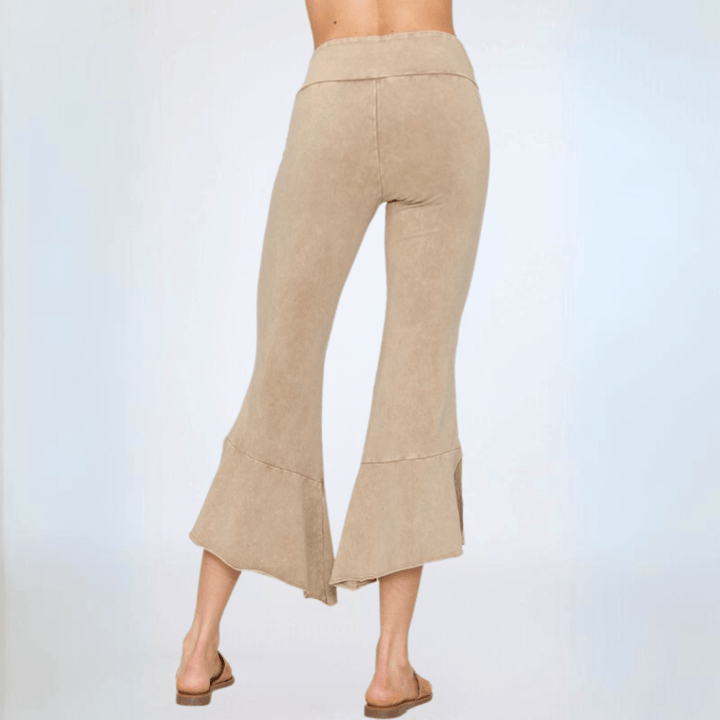 Women's Tulip Hem Capri Pants Made with American Grown Cotton Mid-Rise Raw Edge Hem Fitted in Mineral Washed Beige | Classy Cozy Cool Style C30723