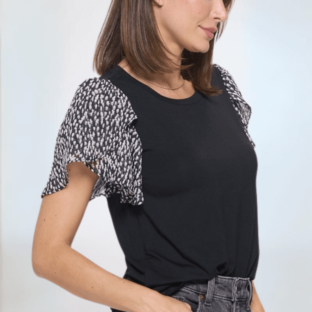 Women's Black Top with Chiffon Tulip Sleeve Made in USA | Classy Cozy Cool Made in America Boutique
