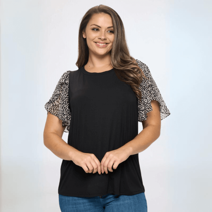 Women's Black Top with Chiffon Tulip Sleeve Made in USA | Classy Cozy Cool Made in America Boutique