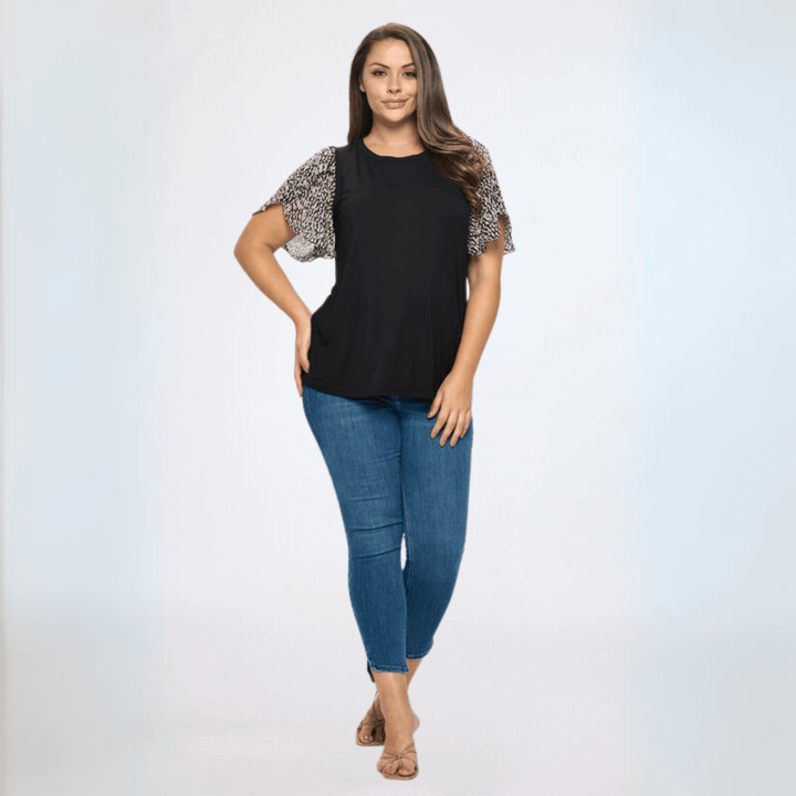 Women's Black Top with Chiffon Tulip Sleeve Made in USA | Classy Cozy Cool Made in America Boutique