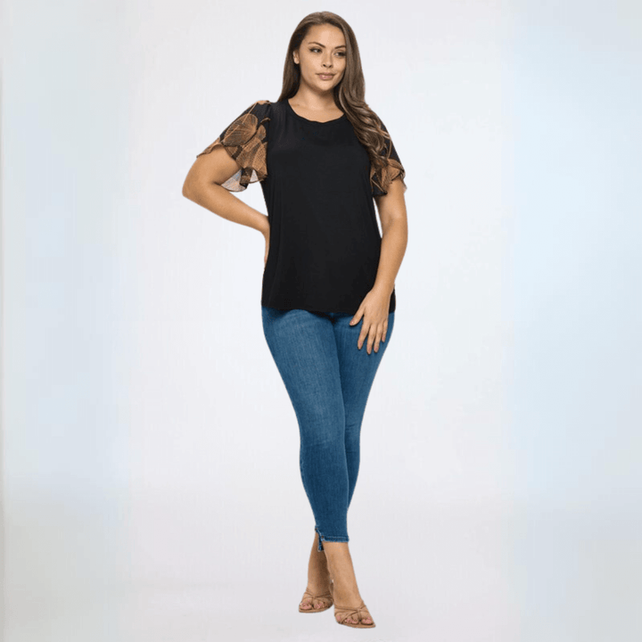 Women's Black Top with Chiffon Tulip Sleeve Made in USA | Classy Cozy Cool Made in America Boutique