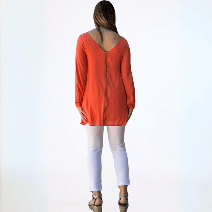 Made in USA Women's Long Sleeve Front Zip V-Neck Reversible Tunic Fully Lined in Coral or Blush Pink | Classy Cozy Cool Made in America Boutique