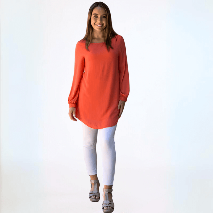 Made in USA Women's Long Sleeve Front Zip V-Neck Reversible Tunic Fully Lined in Coral or Blush Pink | Classy Cozy Cool Made in America Boutique