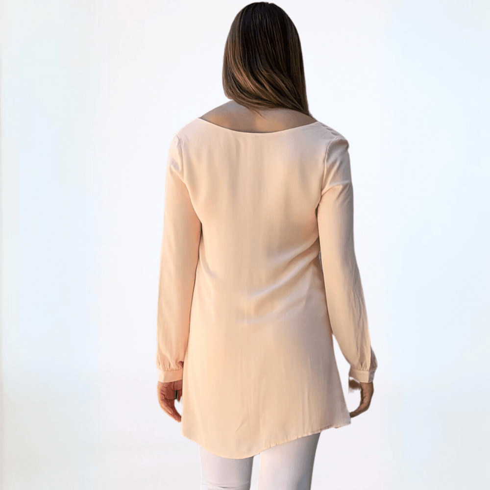 Made in USA Women's Long Sleeve Front Zip V-Neck Reversible Tunic Fully Lined in Coral or Blush Pink | Classy Cozy Cool Made in America Boutique