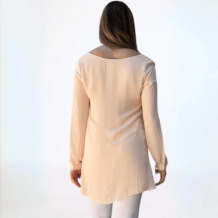 Made in USA Women's Long Sleeve Front Zip V-Neck Reversible Tunic Fully Lined in Coral or Blush Pink | Classy Cozy Cool Made in America Boutique