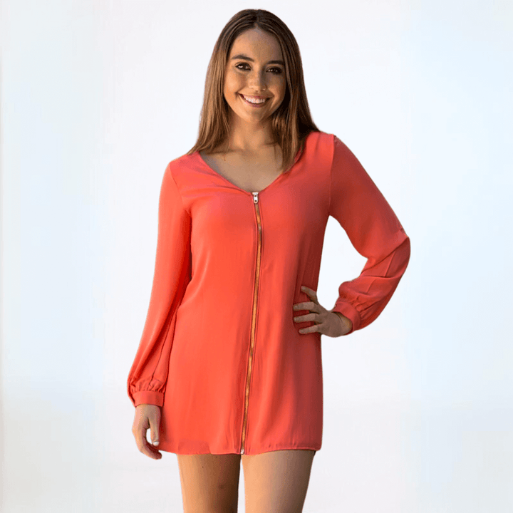 Made in USA Women's Long Sleeve Front Zip V-Neck Reversible Tunic Fully Lined in Coral or Blush Pink | Classy Cozy Cool Made in America Boutique