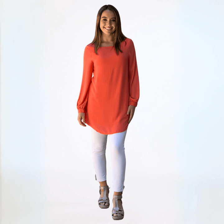 Made in USA Women's Long Sleeve Front Zip V-Neck Reversible Tunic Fully Lined in Coral or Blush Pink | Classy Cozy Cool Made in America Boutique