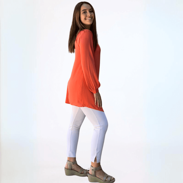 Made in USA Women's Long Sleeve Front Zip V-Neck Reversible Tunic Fully Lined in Coral or Blush Pink | Classy Cozy Cool Made in America Boutique
