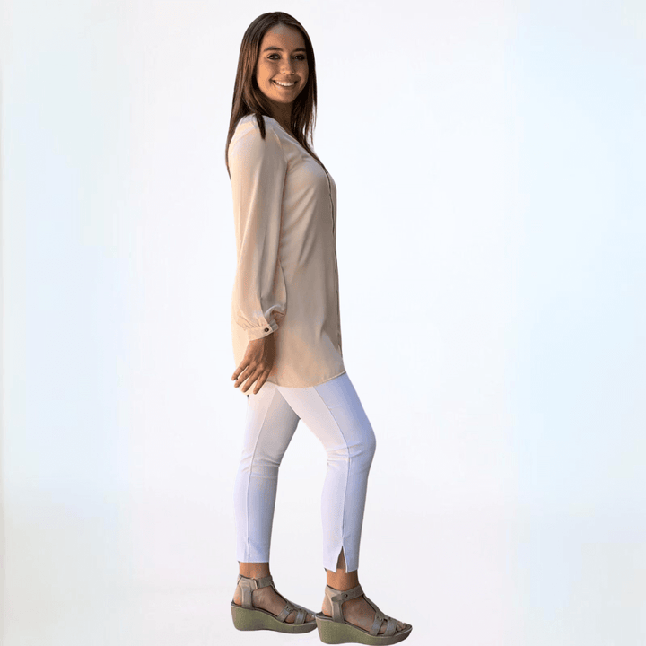 Made in USA Women's Long Sleeve Front Zip V-Neck Reversible Tunic Fully Lined in Coral or Blush Pink | Classy Cozy Cool Made in America Boutique