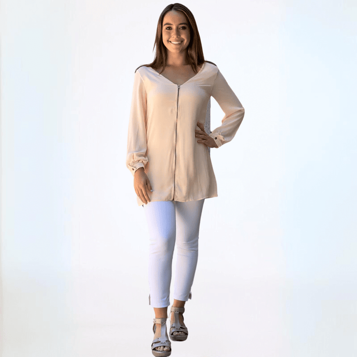 Made in USA Women's Long Sleeve Front Zip V-Neck Reversible Tunic Fully Lined in Coral or Blush Pink | Classy Cozy Cool Made in America Boutique