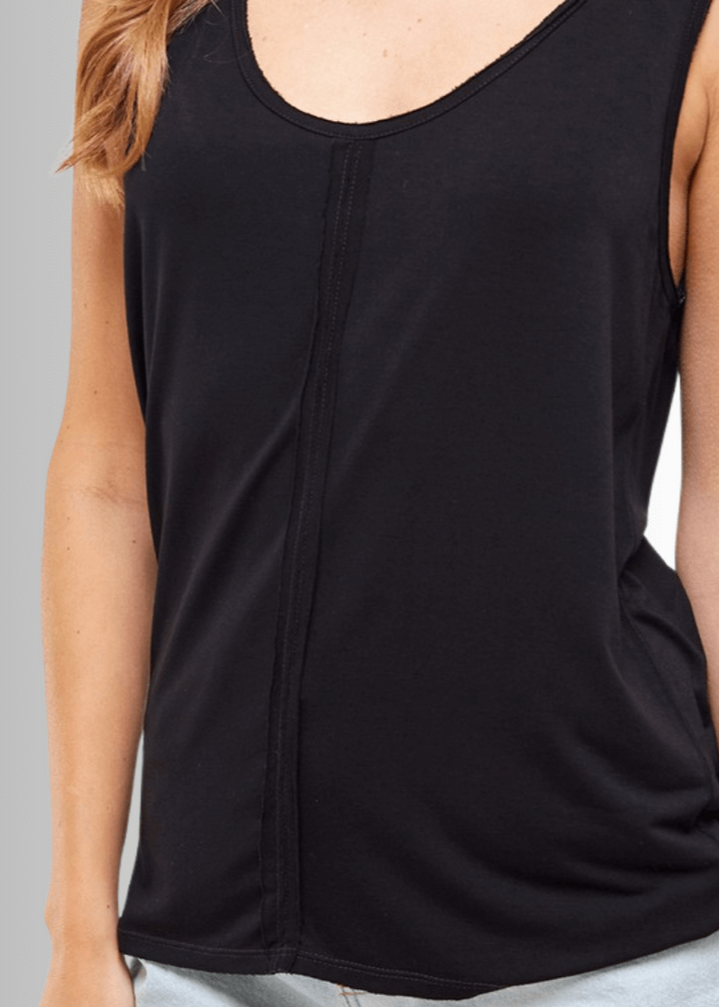 USA Made Women's Twisted Strap All Cotton Raw Edge Detail Tank Top in Black | Classy Cozy Cool Women's Made in America Boutique