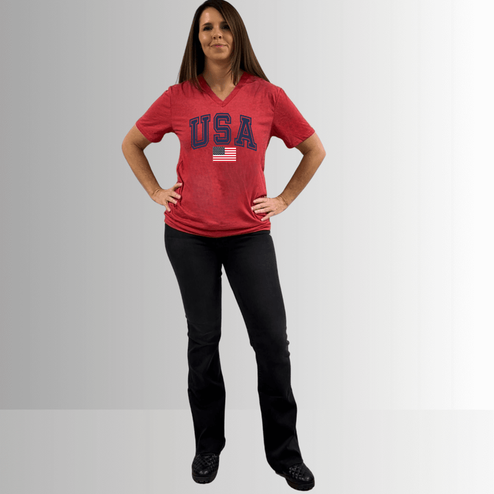 Made in USA Women's USA Graphic V-Neck Short Sleeves Longer Length, Vintage Soft Feel Tee in Cardinal Red, 50% Cotton 50% Polyester
