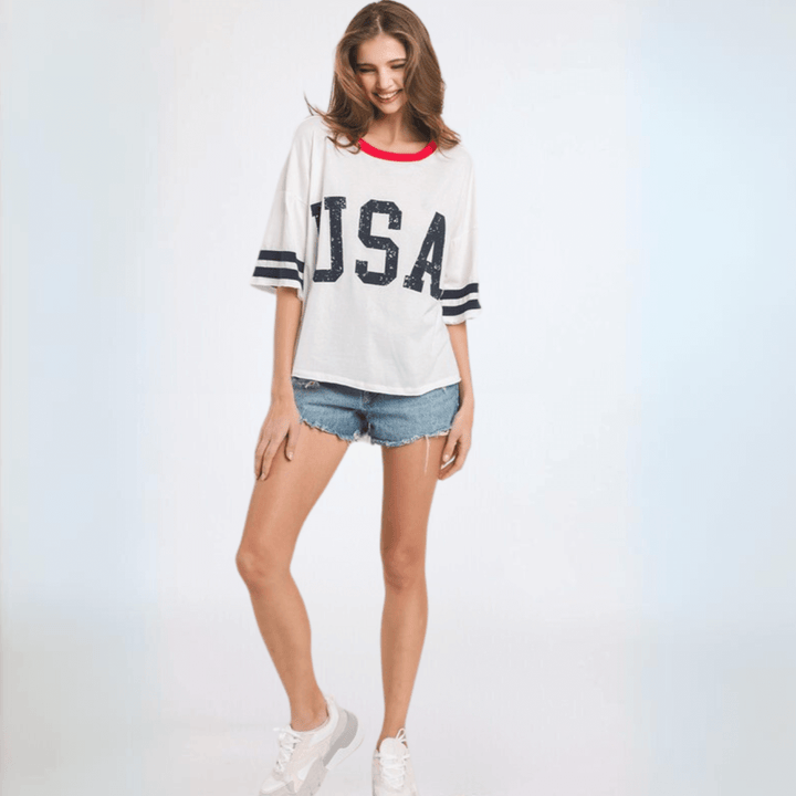 Made in USA Women's Patriotic Cotton USA Graphic Oversized T-Shirt Navy Stripes on Sleeves and Red Detail Round Neckline | Classy Cozy Cool Made in America Boutique