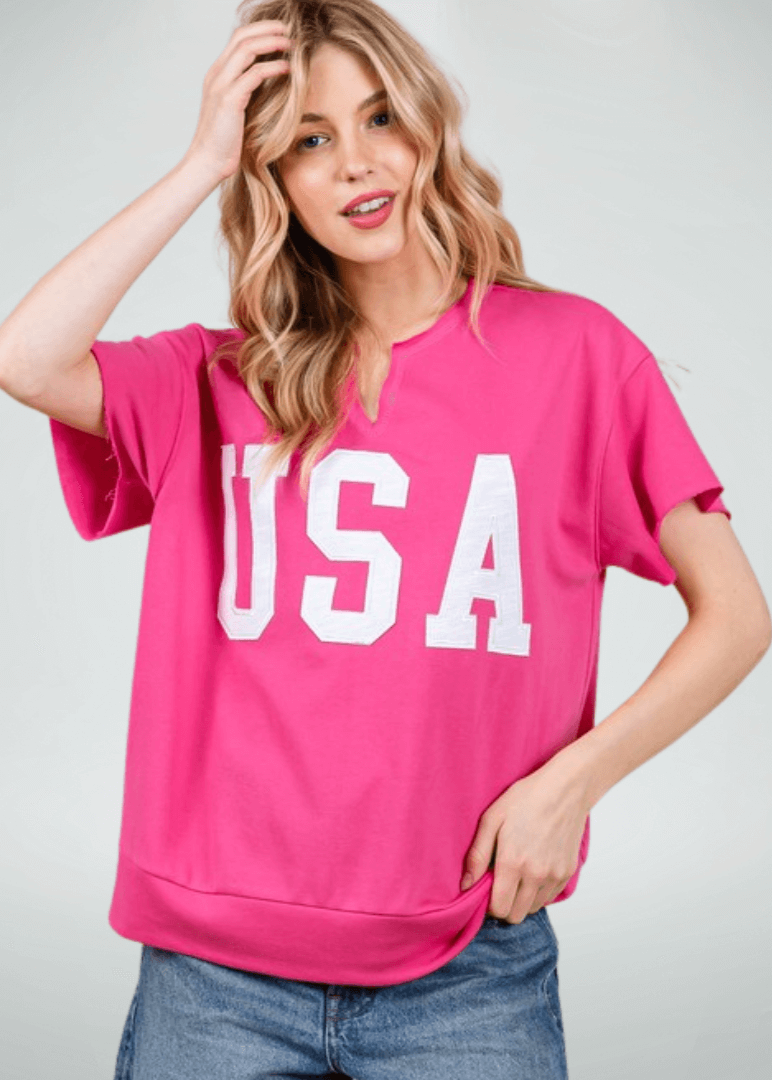 Made in USA Game Day USA Lettering Patch Short Sleeve T-Shirt, Raw edge detail, USA lettering patch for Patriotic, Olympics and Game Day in Fuchsia | Classy Cozy Cool Made in America Boutique