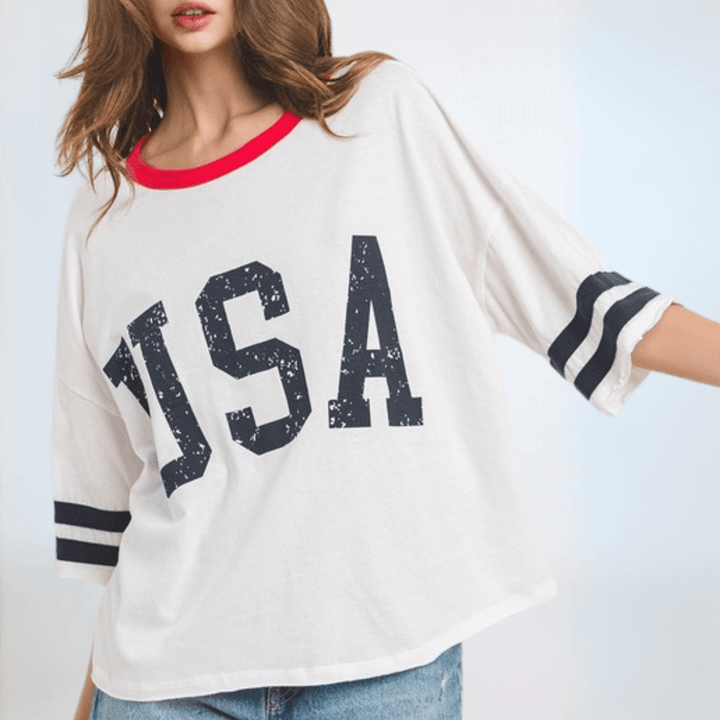 Made in USA Women's Patriotic Cotton USA Graphic Oversized T-Shirt Navy Stripes on Sleeves and Red Detail Round Neckline | Classy Cozy Cool Made in America Boutique