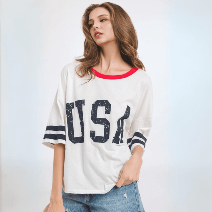 Made in USA Women's Patriotic Cotton USA Graphic Oversized T-Shirt Navy Stripes on Sleeves and Red Detail Round Neckline | Classy Cozy Cool Made in America Boutique