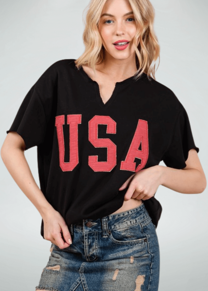 Made in USA Game Day USA Lettering Patch Short Sleeve T-Shirt, Raw edge detail, USA lettering patch for Patriotic, Olympics and Game Day in Black | Classy Cozy Cool Made in America Boutique