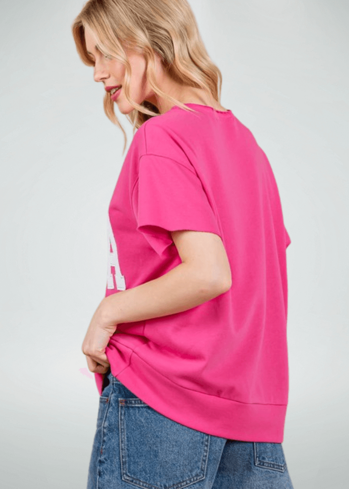 Made in USA Game Day USA Lettering Patch Short Sleeve T-Shirt, Raw edge detail, USA lettering patch for Patriotic, Olympics and Game Day in Fuchsia | Classy Cozy Cool Made in America Boutique