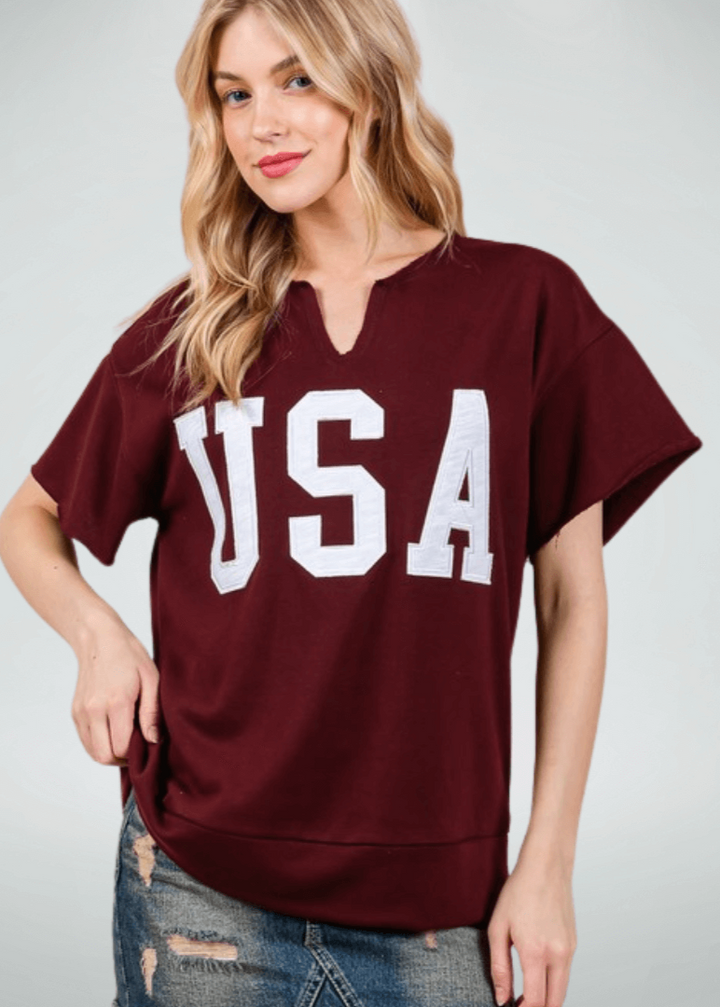 Made in USA Game Day USA Lettering Patch Short Sleeve T-Shirt, Raw edge detail, USA lettering patch for Patriotic, Olympics and Game Day in Crimson | Classy Cozy Cool Made in America Boutique