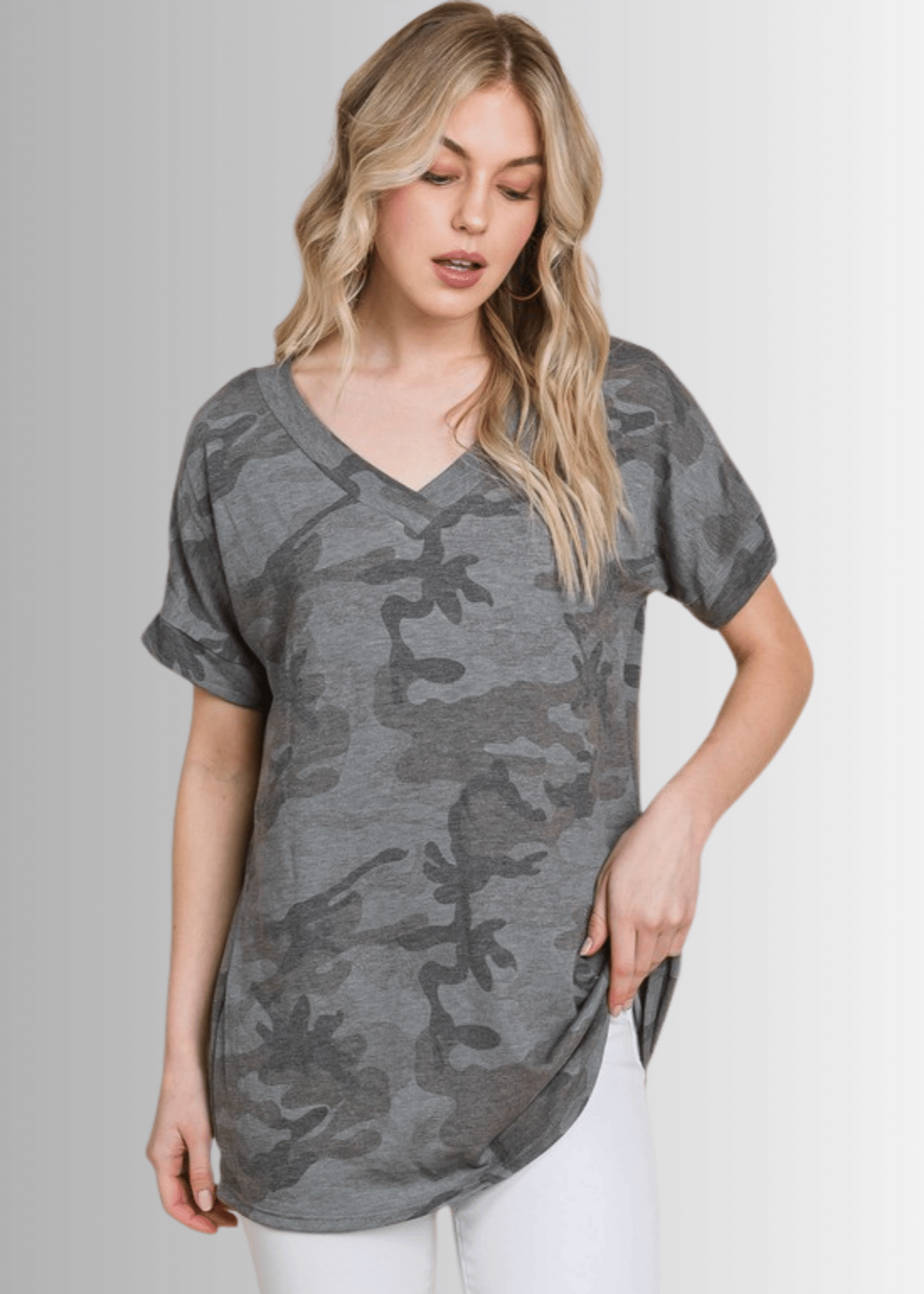 Made in USA Women's Long Length Camo Tee, V-Neckline T-Shirt, Super Soft Material, Lightweight in Gray | Classy Cozy Cool Made in America Boutique