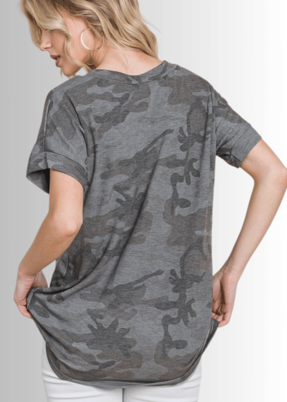 Made in USA Women's Long Length Camo Tee, V-Neckline T-Shirt, Super Soft Material, Lightweight in Gray | Classy Cozy Cool Made in America Boutique