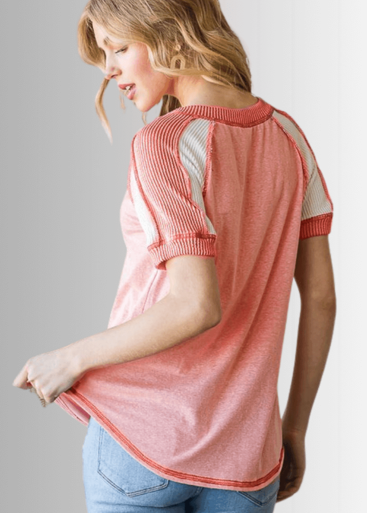 Made in USA Multi Fabric V-Neck T-shirt, Ribbed Contrast Detail, Curved Hem, Short Sleeves, Relaxed Fit, Available Colors: Mint Green and Peach | Classy Cozy Cool Made in USA Boutique