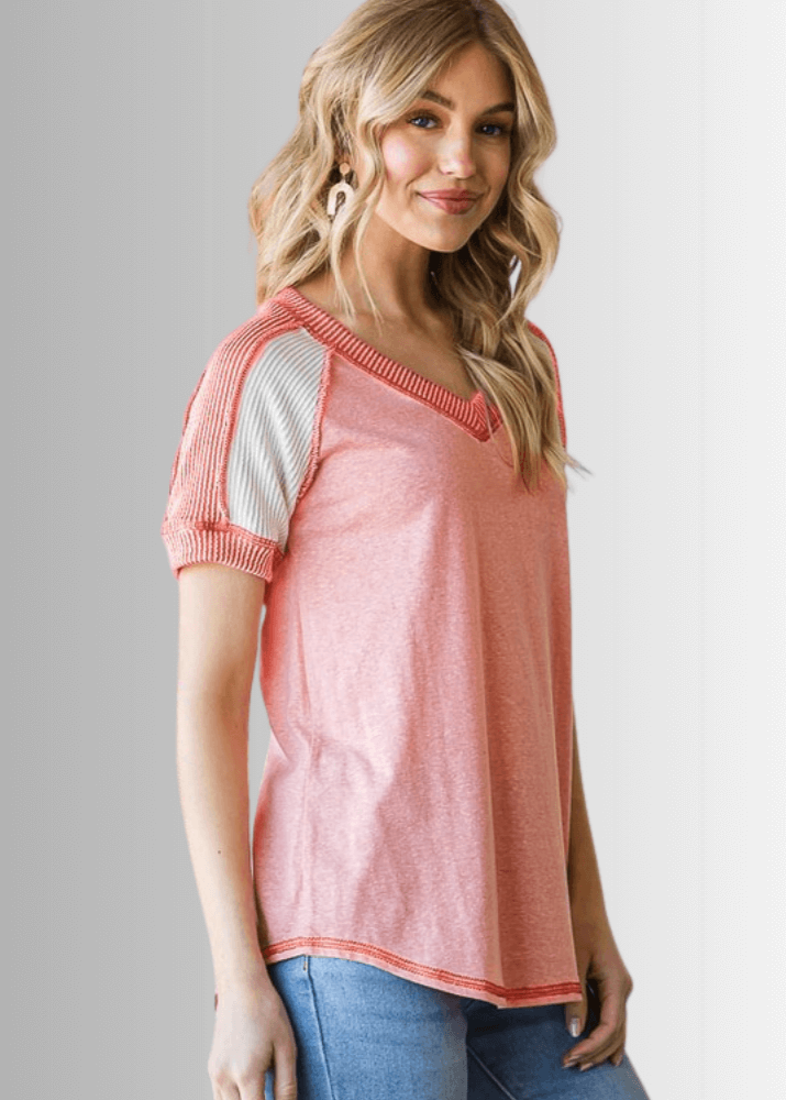 Made in USA Multi Fabric V-Neck T-shirt, Ribbed Contrast Detail, Curved Hem, Short Sleeves, Relaxed Fit, Available Colors: Mint Green and Peach | Classy Cozy Cool Made in USA Boutique