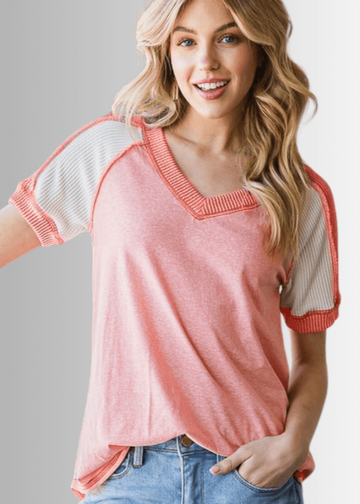 Made in USA Multi Fabric V-Neck T-shirt, Ribbed Contrast Detail, Curved Hem, Short Sleeves, Relaxed Fit, Available Colors: Mint Green and Peach | Classy Cozy Cool Made in USA Boutique