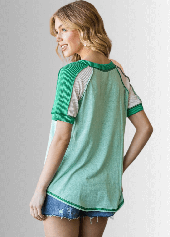 Made in USA Multi Fabric V-Neck T-shirt, Ribbed Contrast Detail, Curved Hem, Short Sleeves, Relaxed Fit, Available Colors: Mint Green and Peach | Classy Cozy Cool Made in USA Boutique