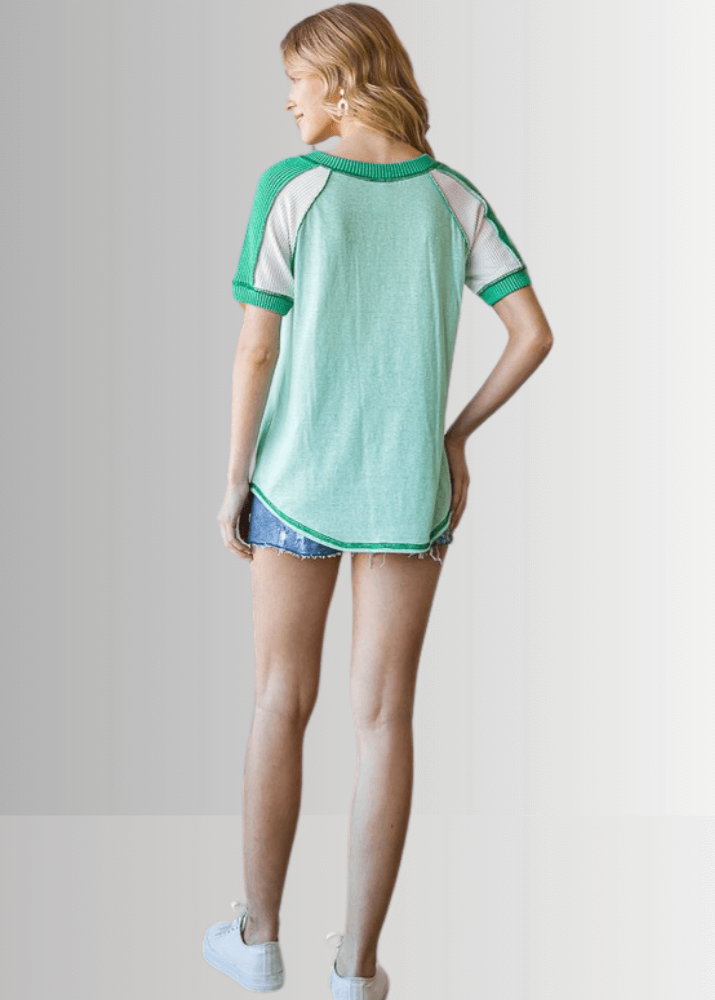 Made in USA Multi Fabric V-Neck T-shirt, Ribbed Contrast Detail, Curved Hem, Short Sleeves, Relaxed Fit, Available Colors: Mint Green and Peach | Classy Cozy Cool Made in USA Boutique