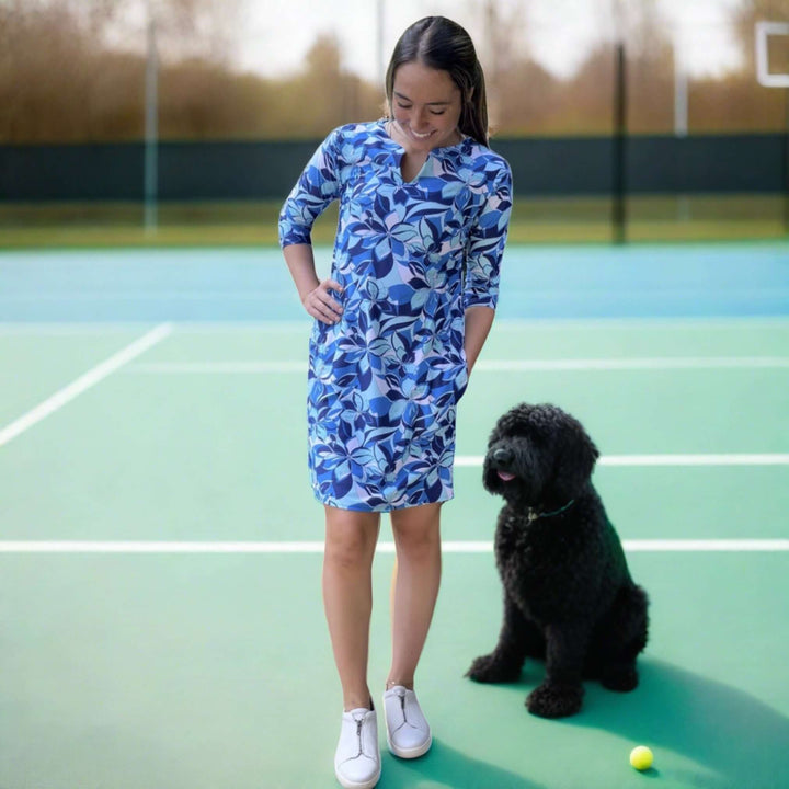 USA Made Ladies Active Wear Venice Dress in Sea Petals Print by Southwind Apparel | For Tennis, Pickle Ball, Lunch, Outdoor Event Summer Wear | Classy Cozy Cool Women's Made in America Boutique