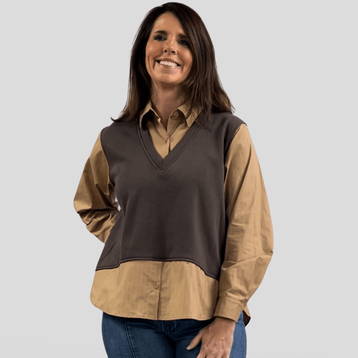Made in USA, Rowen Top,  Women's Camel Pinstripe Long Sleeve Button Down with Built in Brown Vest, Collared, Layered Look, Long Sleeves | Classy Cozy Cool Made in America Boutique