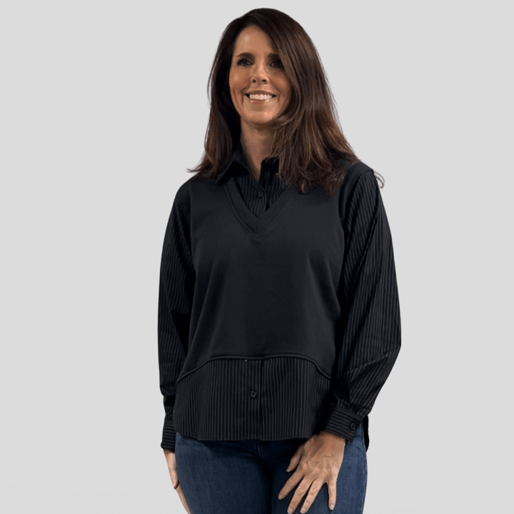 Made in USA, Rowen Top,  Women's Black Pinstripe Long Sleeve Button Down with Built in Vest, Collared, Layered Look, Long Sleeves | Classy Cozy Cool Made in America Boutique