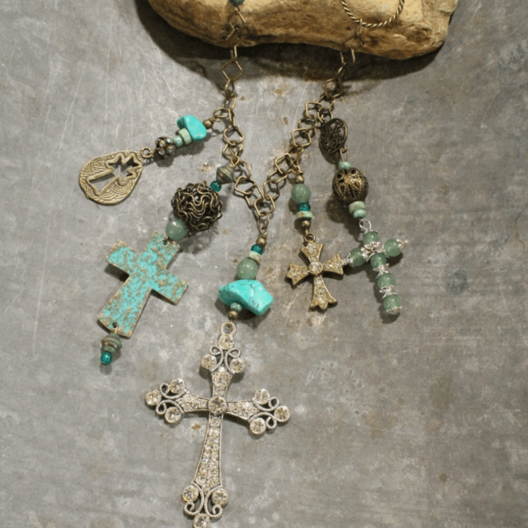 Natural Stone Jewelry Designed and Made in USA, Unique One-of-a-kind Vintage Inspired Cross Jade and Patina Charm Statement Necklace