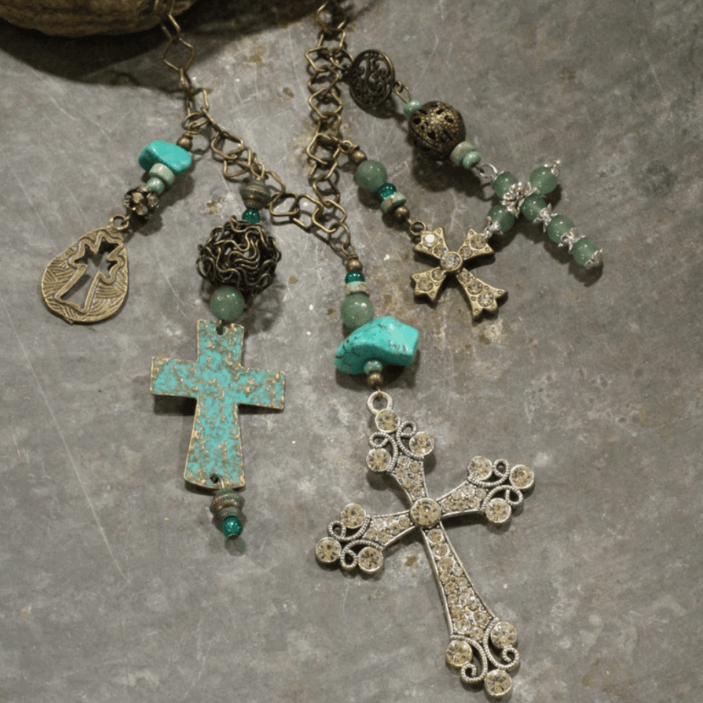 Natural Stone Jewelry Designed and Made in USA, Unique One-of-a-kind Vintage Inspired Cross Jade and Patina Charm Statement Necklace