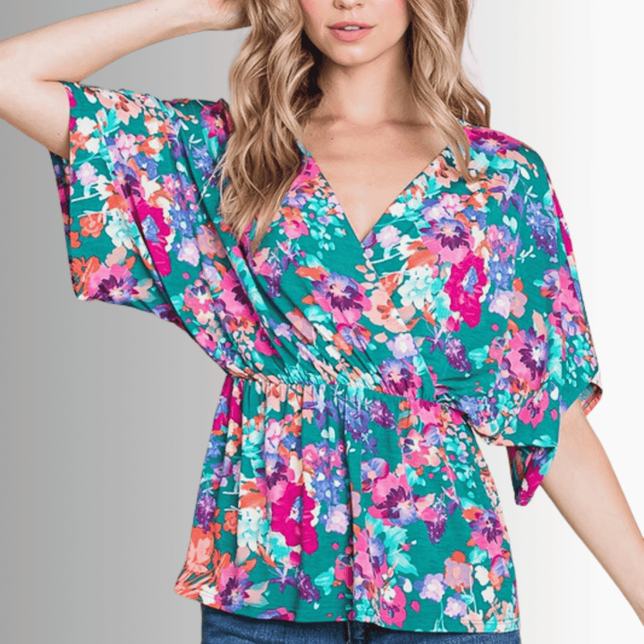 Made in USA Women's V-Neck Empire Waist Vivid Floral Print Short Sleeve Top, Dress up or Dress Down | Classy Cozy Cool Made in USA Boutique