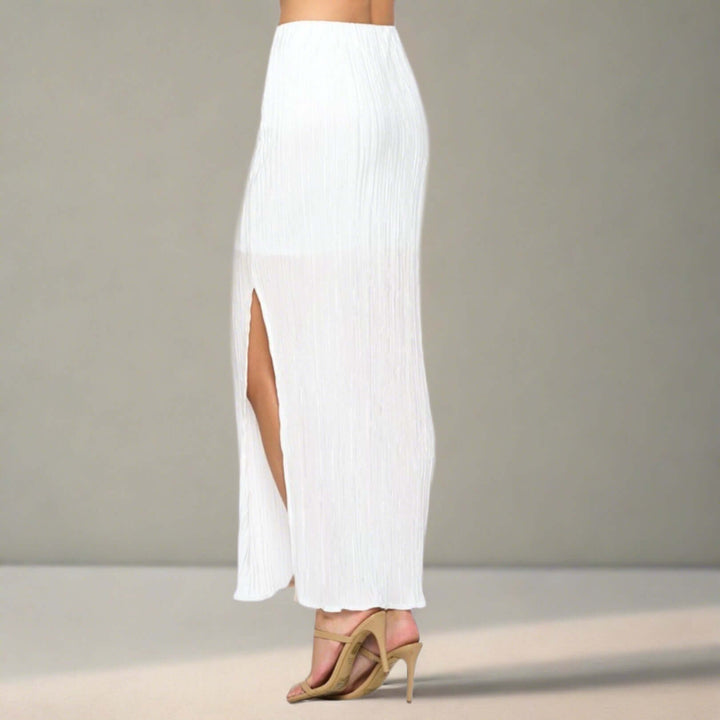 Made in USA Women's White Plisse Maxi Sheer Skirt Maxi with Mini Length Lining in White | Renee C | Classy Cozy Cool Women's Made in America Boutique