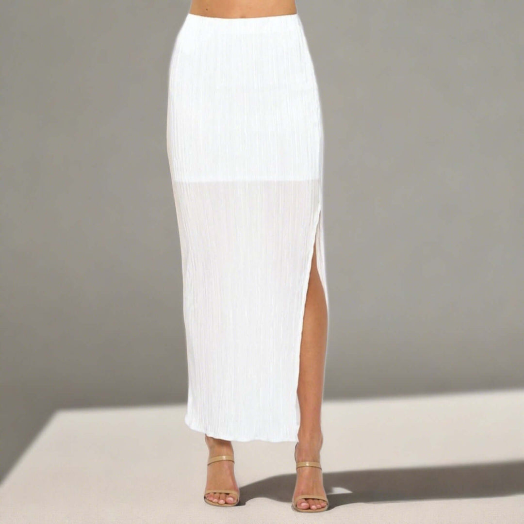 Made in USA Women's White Plisse Maxi Sheer Skirt Maxi with Mini Length Lining in White | Renee C | Classy Cozy Cool Women's Made in America Boutique