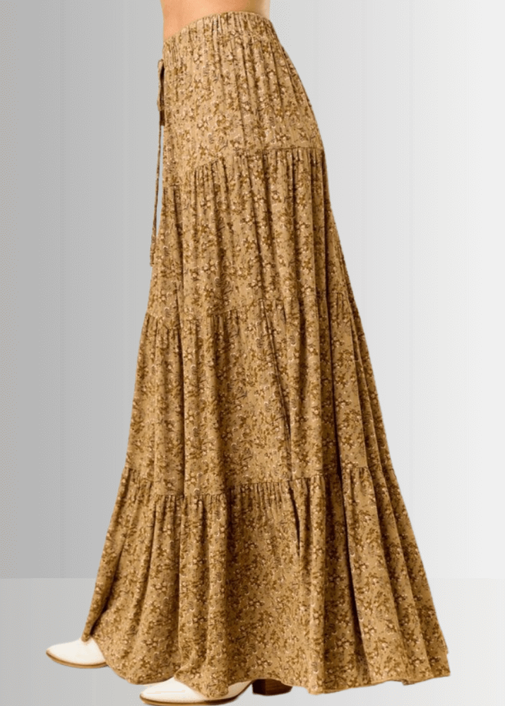 Made in USA Women's Taupe Mustard Rayon Ditsy Floral Maxi Skirt | Classy Cozy Cool Made in America Boutique