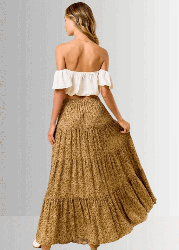 Made in USA Women's Taupe Mustard Rayon Ditsy Floral Maxi Skirt | Classy Cozy Cool Made in America Boutique