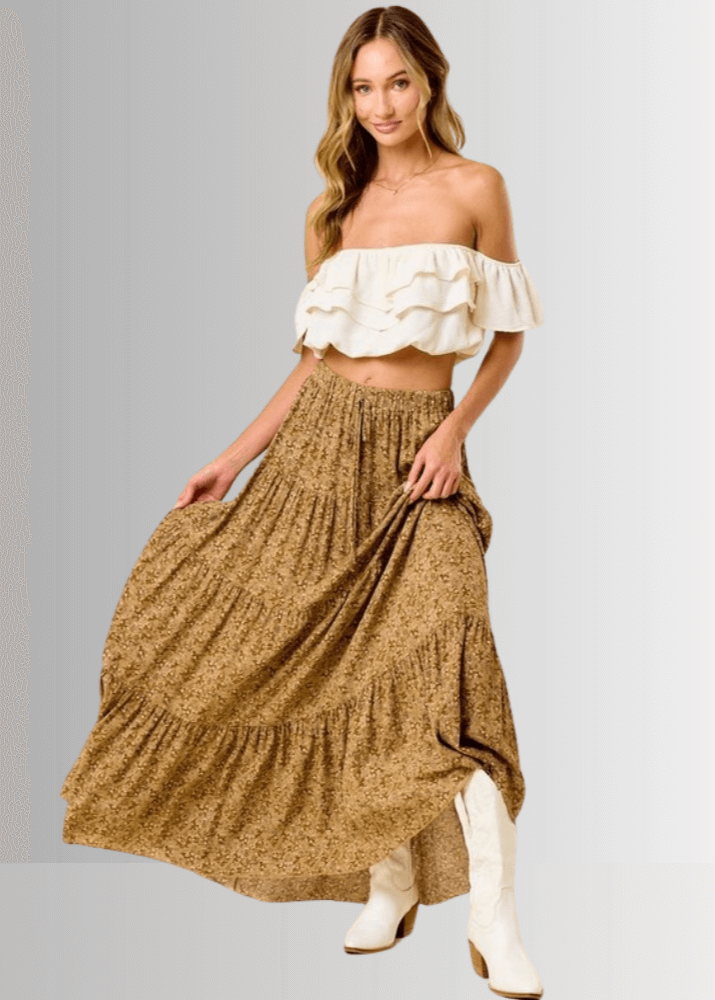 Made in USA Women's Taupe Mustard Rayon Ditsy Floral Maxi Skirt | Classy Cozy Cool Made in America Boutique